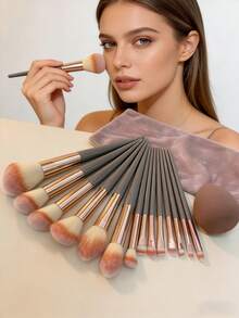 14件套完整化妆工具套装 - 13支化妆刷 + 美妆蛋，蓬松渐变刷毛，适用于面部和眼部化妆，附赠天鹅绒收纳袋，方便旅行携带 - 棕色 - 查看 8