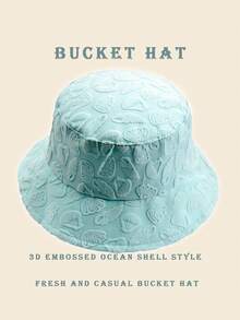1pc Casual Sunwave Polyester Fiber (Polyester) Shell Jacquard Decor Bucket Hat, Geometric 3D Pattern, Suitable For Spring, Summer, Autumn, Winter - Seashells and Sea Foam Are Blue-green - View 2