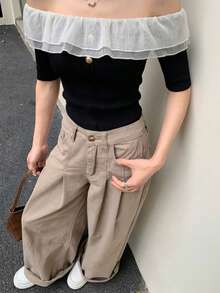 YEAE | Quần jeans ống rộng xếp ly cho nữ, quần ống đứng dáng rộng thoải mái, thích hợp cho mùa xuân - Màu Khaki - Xem 2