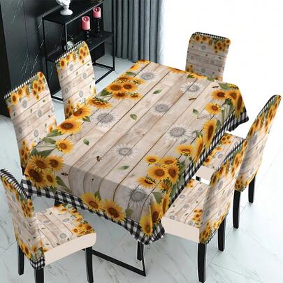 1/4/5/6/7/30pcs Removable & Washable Dining Chair Covers, Countryside Style With Sunflower Floral And Plaid Trim, Suitable For Family Gatherings And Holiday Decor, Home Gift And Decoration