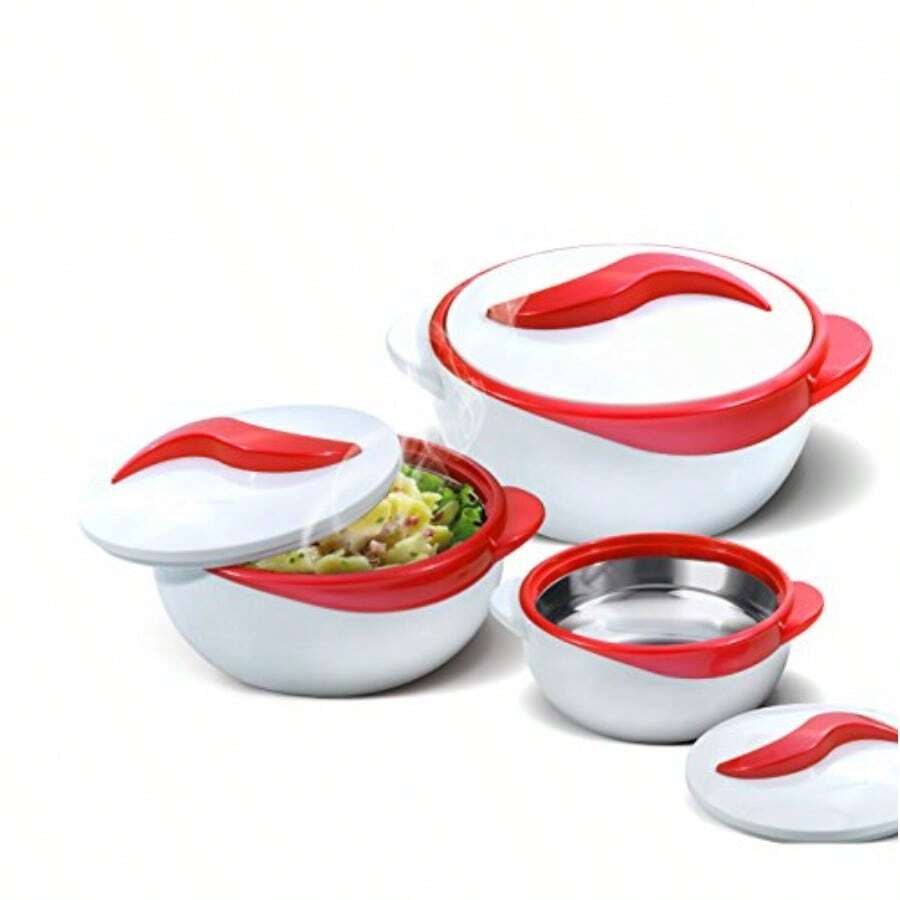 Set of 3 Thermo Dish Hot or Cold Casserole Serving Bowls with Lids - Rojo - Ver 1