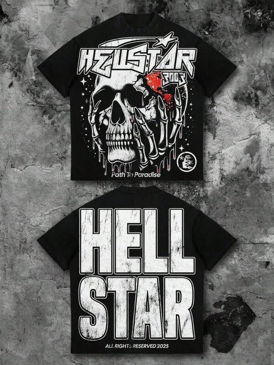 Graphic-Shirt Cotton Tees Size Plus,Hell Star Paradise Skull Flame Distressed Oversized Graphic Tee Men's Short Sleeve Pure Cotton T-Shirt Loose Fit, Y2K Streetwear Vintage Casual Punk Gothic Aesthetic Baggy 100% Cotton Pullover Gift ,Y2K,Oversized Shirt Men,Summer Tops - màu đen - Xem 1