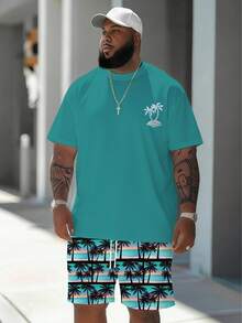 Men's Casual Sports Set With "Palm Tree Beach" Pattern Design - Made Of Polyester Knit Fabric, Round Neck, Drawstring Shorts, Pocket Details, Regular Fit, Suitable For Plus Size - Mint Green - View 1