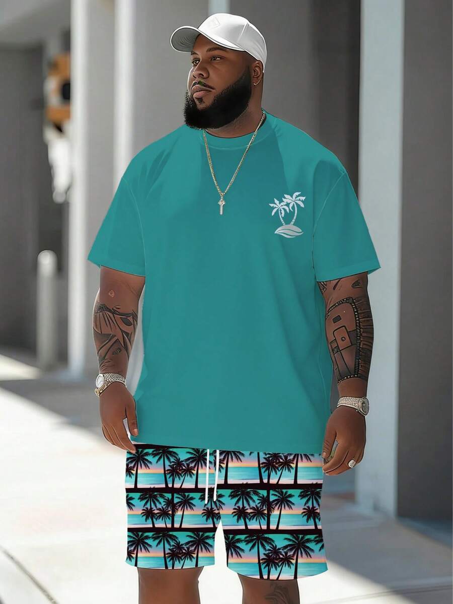 Men's Casual Sports Set With "Palm Tree Beach" Pattern Design - Made Of Polyester Knit Fabric, Round Neck, Drawstring Shorts, Pocket Details, Regular Fit, Suitable For Plus Size - Mint Green - View 1
