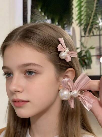 4 chiếc kẹp tóc nơ ngọc trai mềm mại, kẹp tóc mái lệch nữ tính, kẹp tóc mái cao cấp, kẹp tóc satin kiểu Pháp