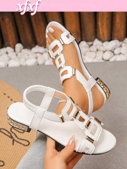 Fashionable Minimalist Style Flat Sandals For Teenagers. The Upper Features A Breathable Hollow-Out Design. Adjustable Elastic Strap Around The Ankle, Suitable For Girls To Wear In School, Parties, Vacations And Other Occasions.
