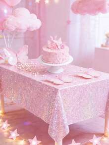 1pc Laser Pink Baby Shower Party Disposable Tablecloth, Size 137*274cm Shiny Rainbow Color Tabletop Cover, Birthday Wedding Party Decor, Baby Shower Decor, Gender Reveal Decor, Backdrop Decor, Girl Party Tablecloth, Baby Shower Party Supplies, 1st Birthday Party Home Event Tabletop Decor, Baby Party Decorations - Laser Pink - View 6