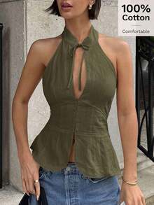 Women's Bow Tie Hollow Hanged Neck Slim Fitted Sleeveless Vest Top Split Front Outerwear Tank Top Chic Summer Green Casual - 軍綠色 - 查看 3