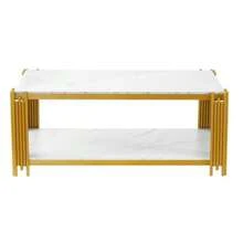 Rectangular Coffee Table With Metal Legs, Marble-Effect Tabletop, Modern Living Room Furniture, White And Gold – H46/W1140/D64 Cm - View 12