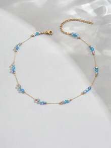 两件套可爱蓝白水晶吊坠项链，不锈钢女士颈链和Y型项链，水晶珠设计项链，适合女士日常佩戴、派对或夏季海滩，完美礼物 - 金色 - 查看 7