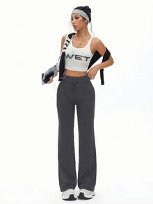 Women's High Waist Wide Leg Casual Pants (With Side Pockets) - Daily Casual Style Sports - Dark Grey - View 6