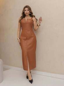 A&DD FASHION, REF:Y251.Women PU Leather Dress, High Quality Black Leather Skirt Dress, 2025 Spring Summer Slit Long Skirt, Sexy Dark Punk, Party Dress, Slim Waist Slit Backless Long Leather Skirt - 鏽棕色 - 查看 5