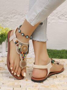 Dép xăng đan đính pha lê phong cách Bohemian, dép xỏ ngón đính hạt, dép lê đế bằng mùa hè dành cho nữ, giày đế bằng kiểu dáng đi nghỉ mát. - Màu be - Xem 3