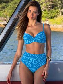 Summer Solid Color Sexy Elegant Bohemian Style Spaghetti Strap Bikini Swimsuit, Sweet Two Pieces Beach Vacation Set - Multicolor - View 2