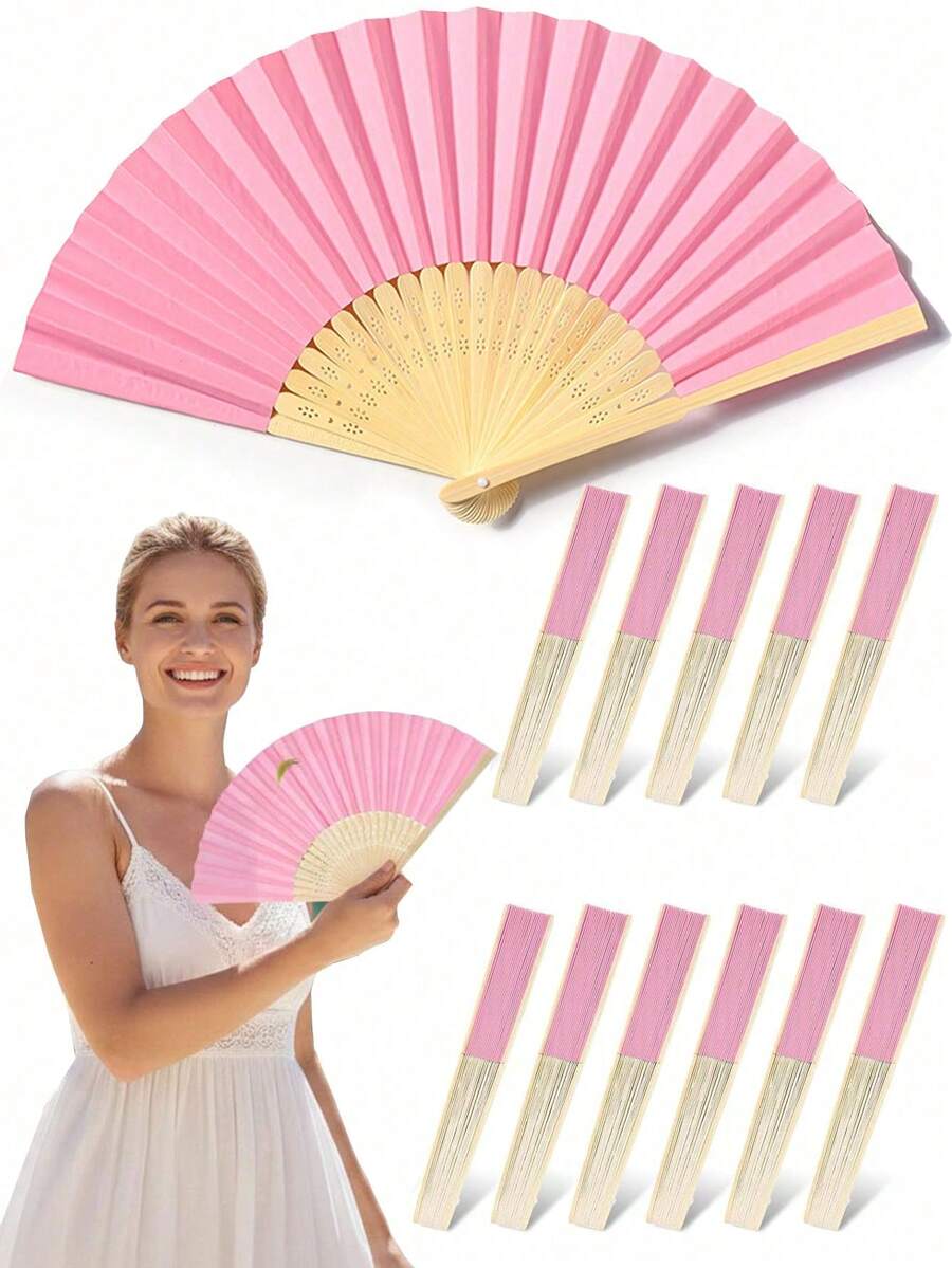5把/10把粉色手持布艺竹制折扇 - 非常适合夏威夷婚礼装饰、教堂回礼、生日派对礼物、DIY泳池派对装饰;送给女性的绝佳礼物 - 多色 - 查看 1
