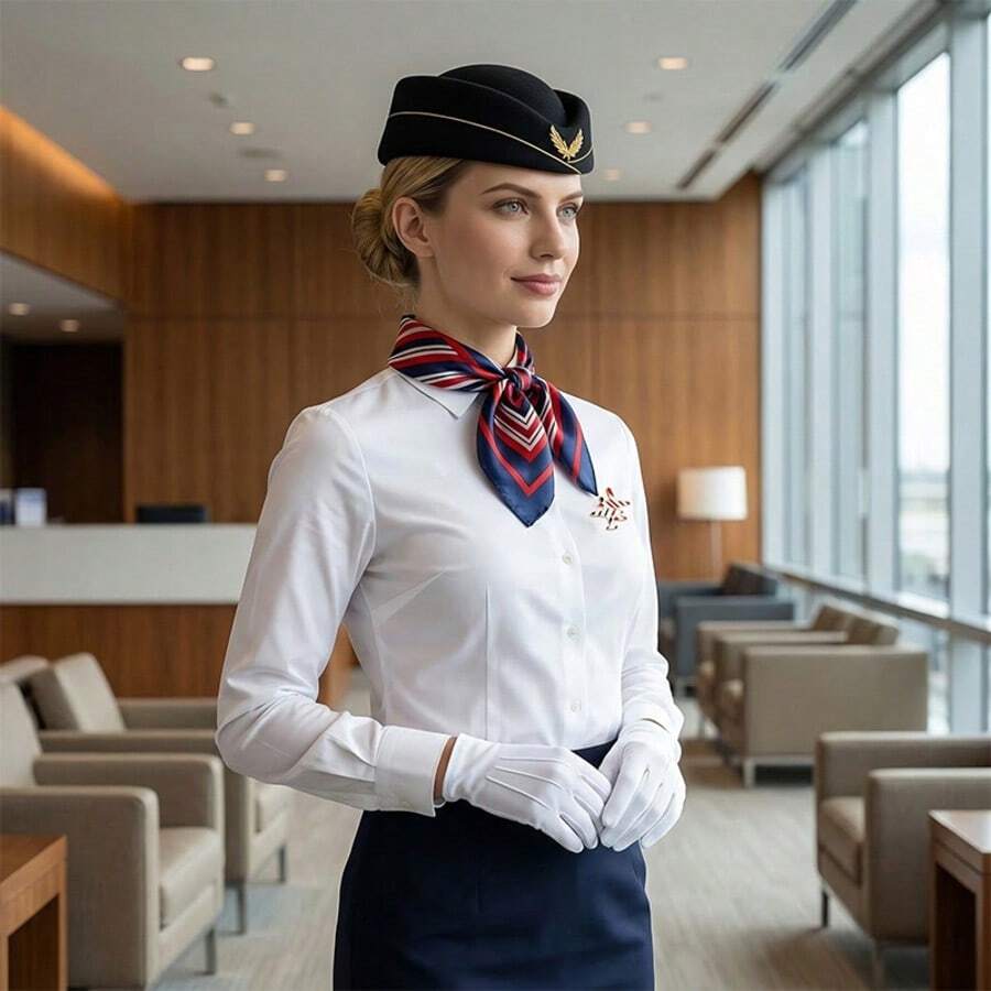 4pcs Flight Attendant Costume Accessories Set - Cap, Scarf, Gloves, Airplane Brooch, Suitable For Cosplay Party - Multicolor - View 1