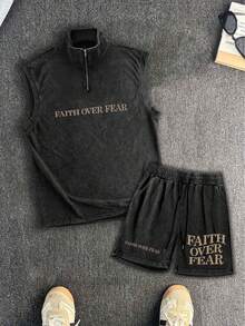 Simple-Men's Summer Washed Distressed Half-Zip Vest Set - Black - View 4