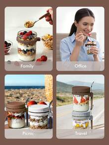 500毫升/16盎司（半罐装）隔夜燕麦梅森罐，带勺盖，密封燕麦片容器，带刻度，便携式谷物梅森罐 - 咖啡棕/1pcs - 查看 7