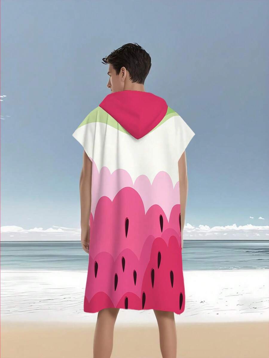 1pc Interesting Watermelon Print Polyester Hooded Poncho, Plus Size Beach Towel - Watermelon Design, Beach Towel, Soft & Durable Polyester Bathrobe, Suitable For Swimming, Travel And Beach Vacation, Men And Women Bathrobes, Beach Towels, Women Bathrobes, Beach Decor, Outdoor Decor