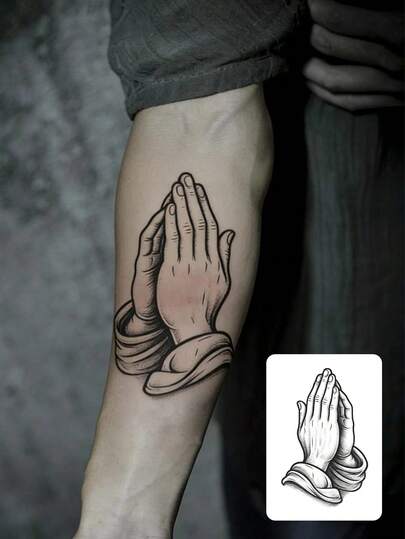 1pc Fashionable Waterproof Vintage INS Style Prayer Hand Tattoo Sticker, Durable Realistic Black & Gray Arm Tattoo Decal Suitable For People