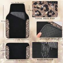 Bling Diamond Car Floor Mats Shining Rhinestone Carpet Sparkly Glitter Crystal With Anti-Slip PVC Heel Pad Waterproof Universal Fit Automotive SUV Sedan Van Cute Girl Women 4pcs Gold Leopard - Gold Leopard - View 6
