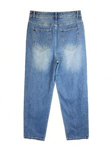 Men's Light Blue Washed Indigo Denim Retro Vintage Loose Straight Leg Jeans, Relaxed Fit, Comfortable, Flattering Leg, Indigo Washed Denim, Spring/Summer/Autumn/Winter, Distressed, Loose Straight, Ankle Length, Slightly Short Length, Oversized Fit, Recommend Sizing Down One Size - Light Wash - View 4