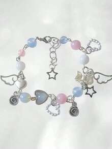 1pc Y2K Fashionable Handmade Natural Beaded Heart Charm Bow Detail Bowknot Wing Spiral Bracelet For Ladies Daily Wear And Parties,When Exercising With Friends, Such As When Playing Tennis, Wearing It Adds A Unique Charm To The Experience. - 無色 - 查看 2