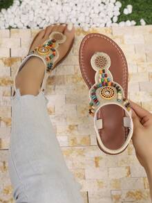 Dép xăng đan đính pha lê phong cách Bohemian, dép xỏ ngón đính hạt, dép lê đế bằng mùa hè dành cho nữ, giày đế bằng kiểu dáng đi nghỉ mát. - Màu be - Xem 2