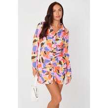 elaina fashion Multicolour Ruched Shirt Dress – Long Sleeve Button Front - Multicolor - View 3