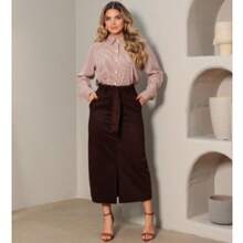 Premium Suede Midi Pencil Skirt With Sash Belt, Side Zipper And Front Slit, Suitable For Evangelical Fashion, Parties, Evenings, Church Services, Offices, And More. New Arrival. - 鏽棕色 - 查看 1