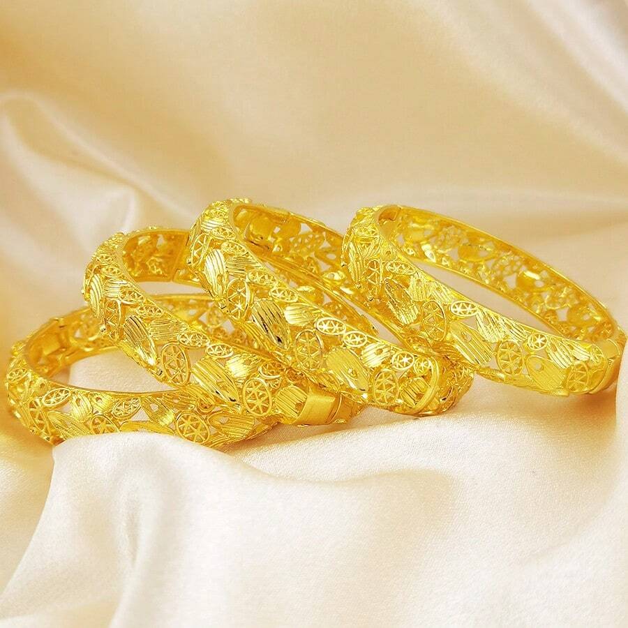 1/4pcs Vintage Geometric Hollow Bangle Bracelet, Wide Carved Cuff Bracelet, Suitable For Party And Wedding Gift - Yellow Gold - View 1