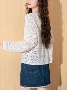 Women's Casual Elegant Solid Color Twist Hollow Ribbed Knit Cardigan Sweater, Spring/Summer - Beige - View 3