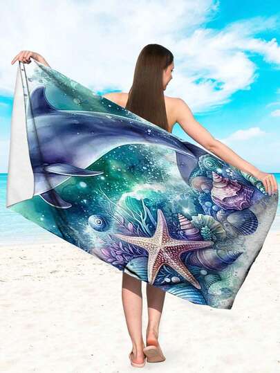 梦幻海豚海洋沙滩巾，奢华超细纤维速干浴巾，超大尺寸亲肤透气防沙易收纳，夏季海滩度假旅行深海秘境高品质沙滩毯
