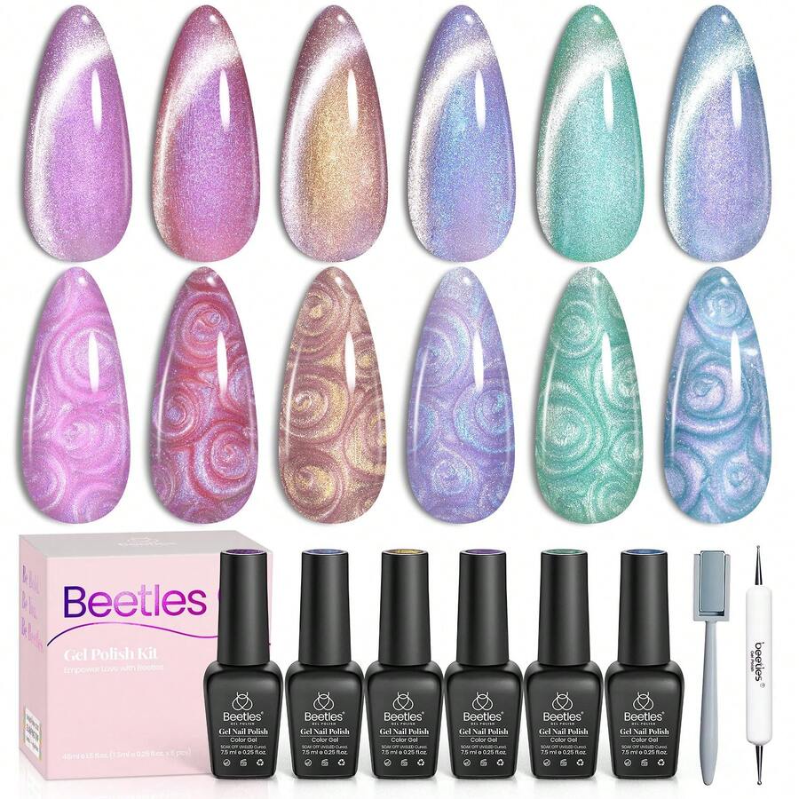 Beetles Pearl Gel Nail Polish, 6 Colors Shimmer Pearl White Pink Purple Mermaid Nail Drawing Spring Gel Polish - 6 Colors Magical Swirl - 查看 1