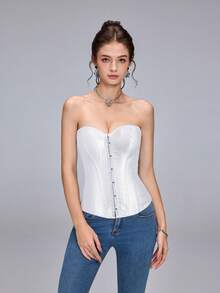 1pc White Vintage Satin Heart Neck Bustier Top, Front Button Back Tie Design, Elegant Sexy Off-Shoulder Bodysuit, Suitable For Valentine's Day, Music Festival, Wedding, Travel & Holiday - White - View 5