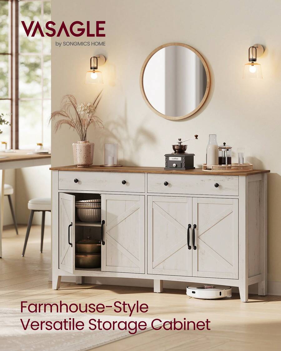 VASAGLE LIRY Collection - Buffet Cabinet, Coffee Bar Cabinet With 2 Drawers, Adjustable Shelves, Sideboard Storage With Cable Holes, Drawer Dividers - trắng - Xem 1