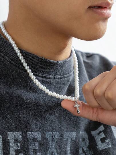 1 pieza Collar vintage estilo estadounidense con perla falsa, aleación y rhinestone, colgante de cruz para mujeres y hombres, perfecto para ropa urbana y atuendos casuales diarios