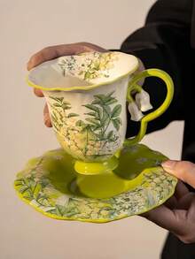 一套手工制作的3D铃兰、马蹄莲、薰衣草陶瓷咖啡杯碟，法式复古拉花咖啡杯碟，意式浪漫下午茶甜点杯碟，适用于餐厅、客厅、咖啡馆、甜品店、礼品、聚会 - 彩色 - 查看 9