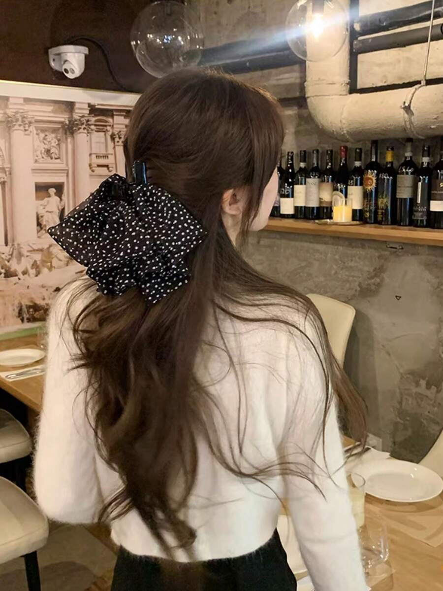 1个波点三层网纱蝴蝶结发爪夹，马尾辫发圈，发绳发饰 - 彩色 - 查看 1