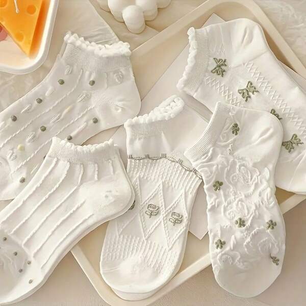 5 pares de calcetines cortos para mujer | Primavera y verano, delgados, transpirables, de encaje, suaves y cómodos calcetines tobilleros, calcetines poco profundos para el verano