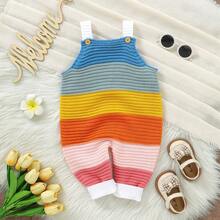 1pc Baby Girl Rainbow Striped Patchwork Knit Sleeveless Romper, Soft & Comfortable All-In-One Jumpsuit For Baby Girls - White - View 17