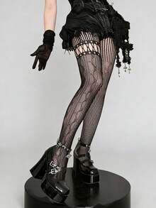 1双 - 春夏镂空蕾丝蝴蝶结渔网袜，性感Y2K风格吊带连裤袜，复古日式抽绳网袜 - 彩色 - 查看 8