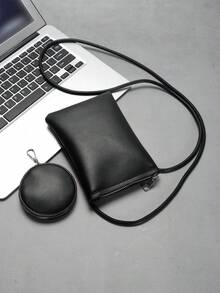 迷你时尚简约软质抽绳斜挎包，方形，多功能时尚软PU防水手机袋，水桶包，纯色 - 黑色 - 查看 4