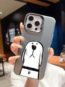 Fashionable Dog Pattern Luxury Gradient Black & Silver IMD Silicone Soft Edge Acrylic Hard Back Plate Large Hole Camera Protection Anti-Drop Thick PC Metal Button Phone Case Compatible With IPhone///// - Black - View 5