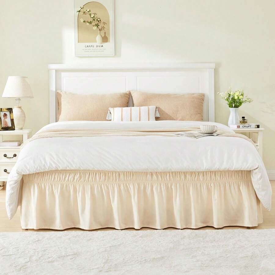 VOLTITO 1pc Elastic Bed Ruffle - Easy Wrap Around Ruffle - Microfiber Bed Skirt With Adjustable Elastic Belt 15 Inch Tailored Drop - Hotel Quality Bedskirt, Fade Resistant (T/F/Q/K) - Màu be - Xem 1