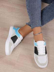 Summer Lace-Up Splice Running Shoes, Korean Fashion Casual Sneakers, Soft Sole Versatile Running Breathable Women Shoes - Blue - View 2