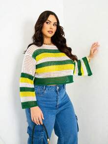 Plus Size Cropped Blouse Brazil World Cup Short Knit Off-Shoulder Cutout Fabric Brazil Look - 白色/黃色/綠色 - 查看 2