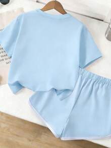2pcs/Set Girls Creative 67 Print T-Shirt + Shorts, Spring/Summer New Outdoor Casual Wear, Comfortable Fit With Interesting Elements, Suitable For Cute & Sweet Daily Looks - Baby Blue - View 2