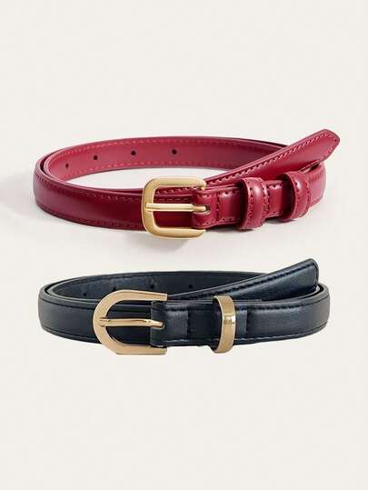 2pcs Set Red & Black Elegant Vintage Coin Decor Minimalist Square Metal Buckle PU Leather Skinny Belt, Suitable For Pants, Jeans, Skirts, Daily, Work, Street, School, Travel