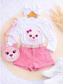 Girls' Outfit Set With Teddy Bear Purse, Short Or Long-Sleeved Blouse, Shorts, And Belt. Summer, Autumn, Winter. Borboletinhas Kids. - 粉紅色長袖 - 查看 2